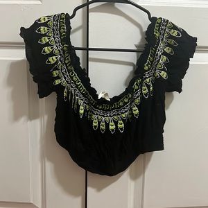 Black crop top with lime green and white tribal print.